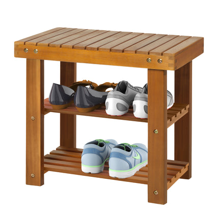 Acacia Wood Shoe Bench,  3-Tier Shoe Storage Rack, Hallway Organizer Shelf, for Entryway, Living Room, Bedroom, 50 x 28 x 45 cm, Teak