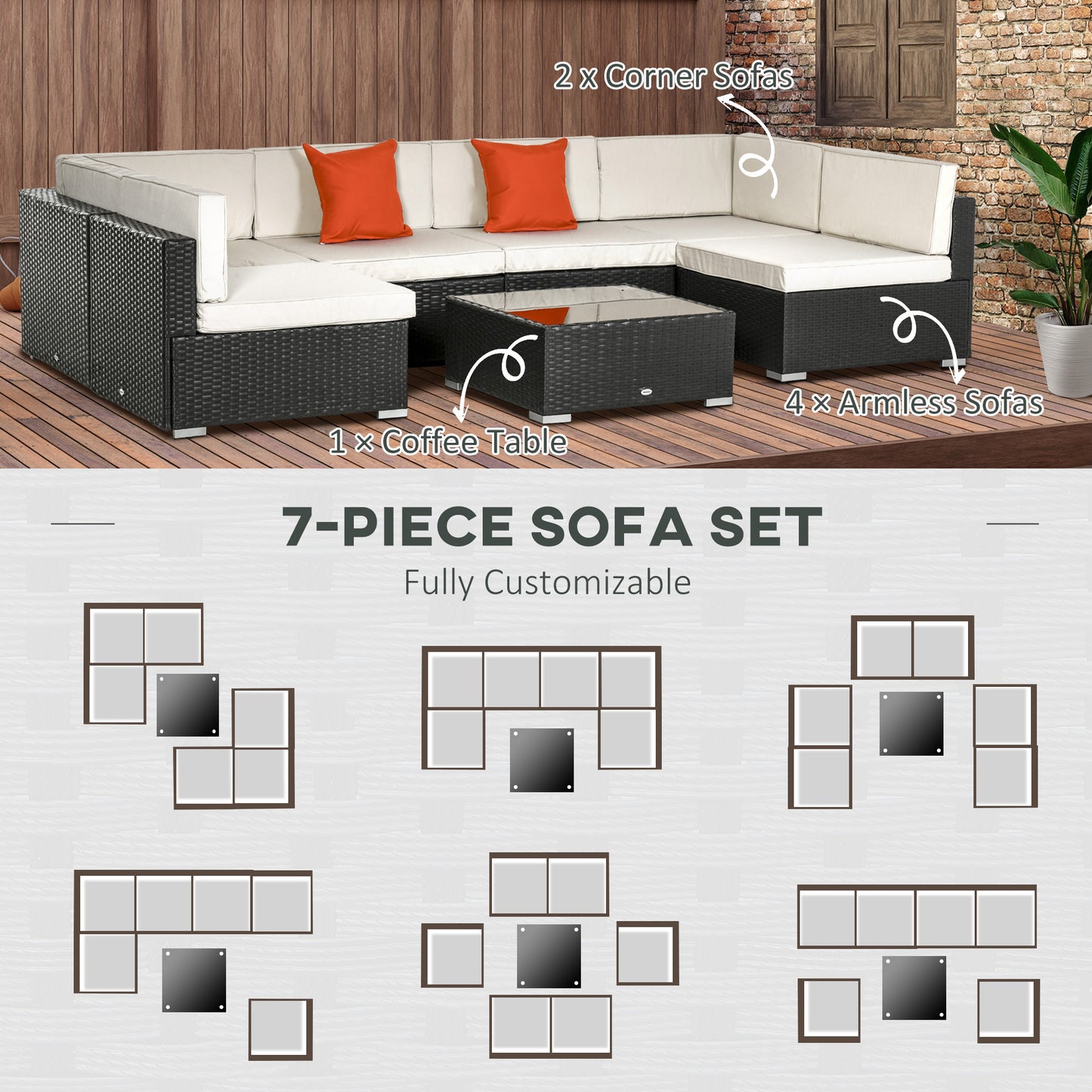 Outsunny 7 Piece Garden Rattan Furniture Set Outdoor Sectional Wicker Weave Sofa Seat Coffee Table w/ Cushion and Pillow Buckle Structure Dark Coffee