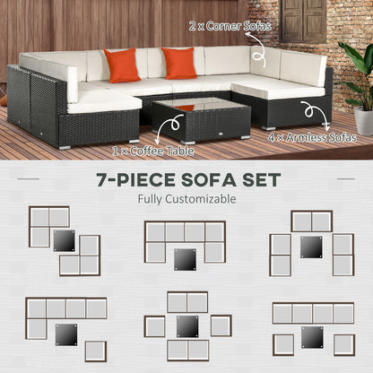 Outsunny 7 Piece Garden Rattan Furniture Set Outdoor Sectional Wicker Weave Sofa Seat Coffee Table w/ Cushion and Pillow Buckle Structure Dark Coffee