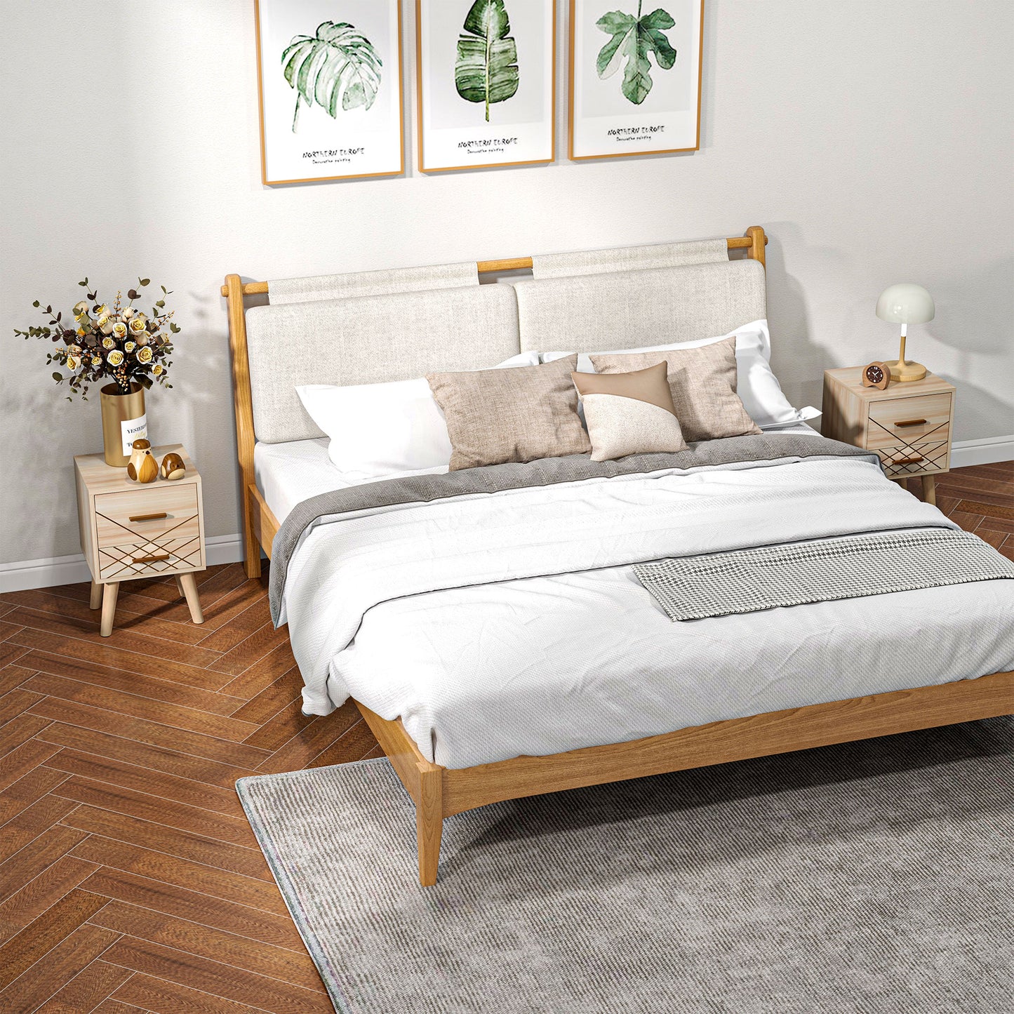 Set Of 2 Bedside Cabinets Scandinavian Table with Drawers With Wood Legs, Natural