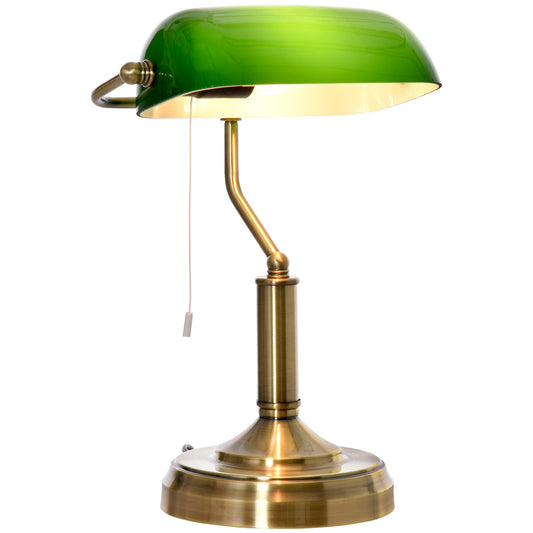 Banker's Table Lamp Desk Lamp with Antique Bronze Base, Green Glass Shade and Pull Rope Switch for Home Office,  Living Room,Dining Room