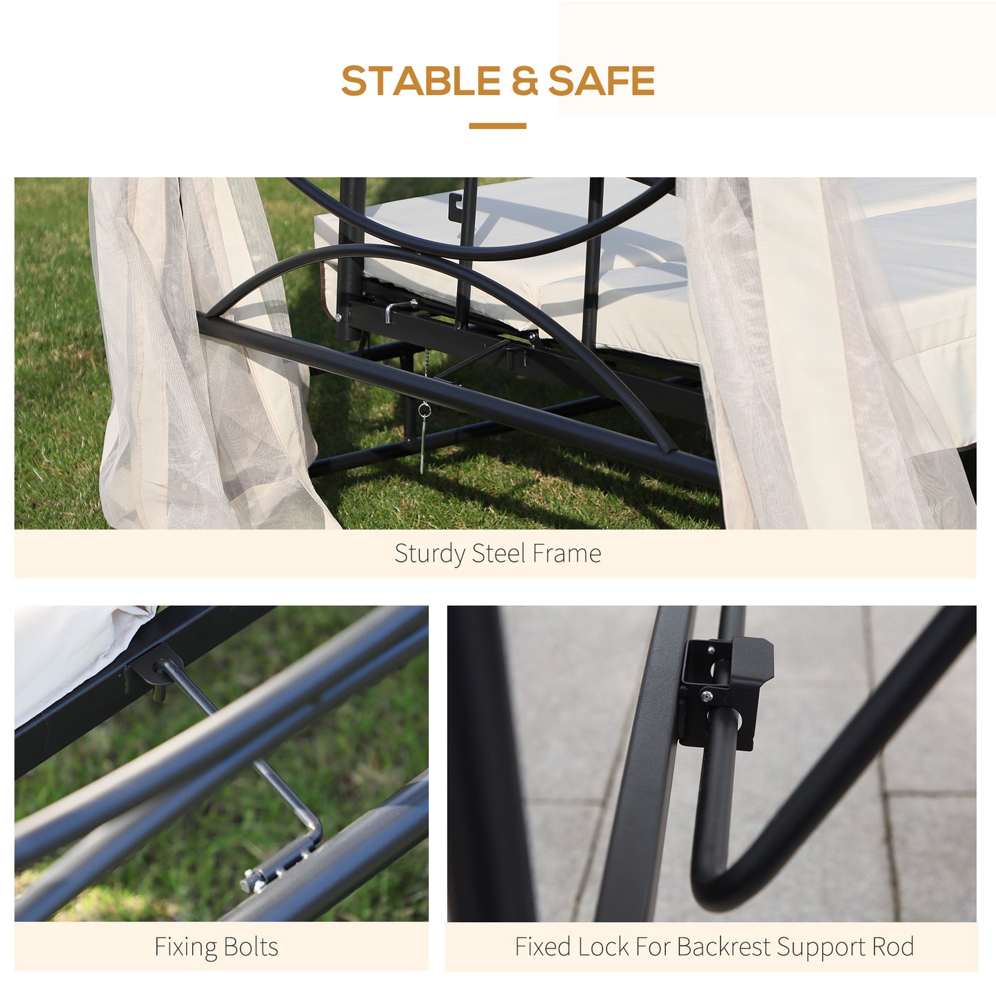 Outsunny Outdoor 2-in-1 Convertible Swing Chair Bed 3 Seater Porch With Nettings