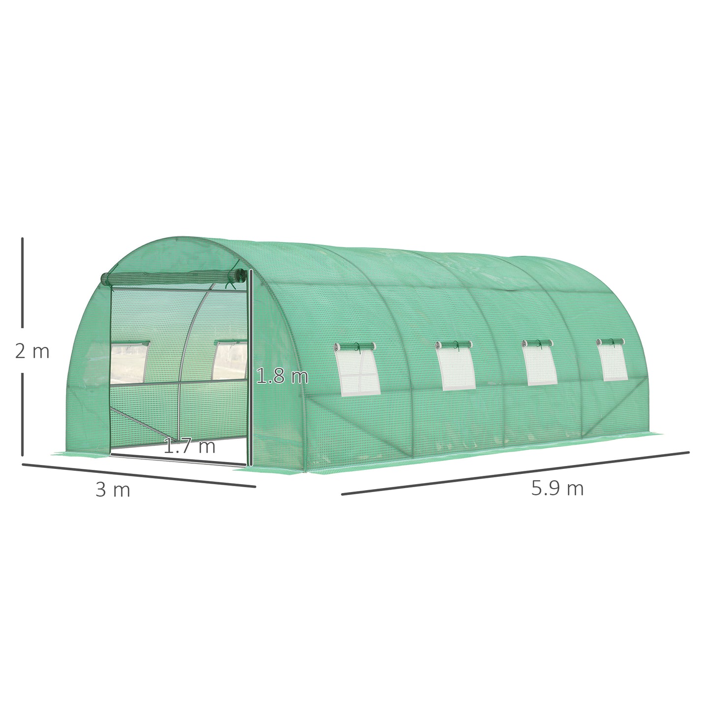 Outsunny 6 x 3 m Large Walk-In Greenhouse Garden Polytunnel Greenhouse with Steel Frame, Zippered Door and Roll Up Windows, Green
