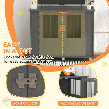 Dog Crate Furniture Side Table | Magnetic Door & Bolt | Elevated Base | Steel Bar Ventilation | Medium & Large Dogs up to 40kg | 100 x 55 x 80cm | Grey
