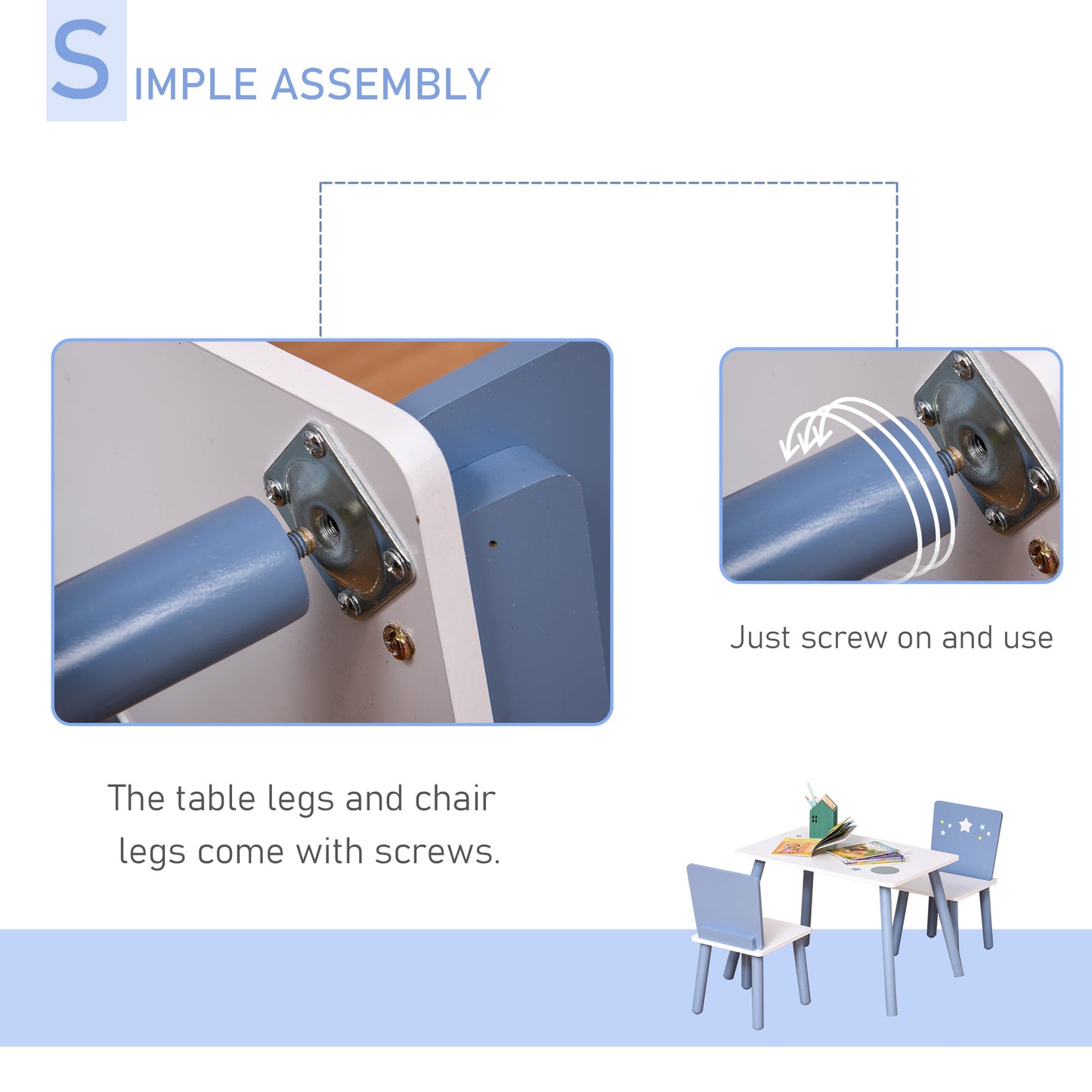 Kids Table and Chairs Set 3 Pieces 1 Table 2 Chairs Toddler Wooden Multi-usage Easy Assembly Star Image Ornament Blue and White