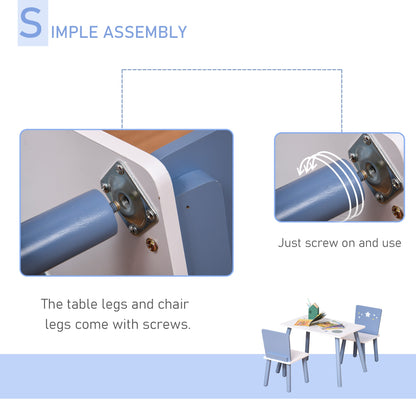 Kids Table and Chairs Set 3 Pieces 1 Table 2 Chairs Toddler Wooden Multi-usage Easy Assembly Star Image Ornament Blue and White