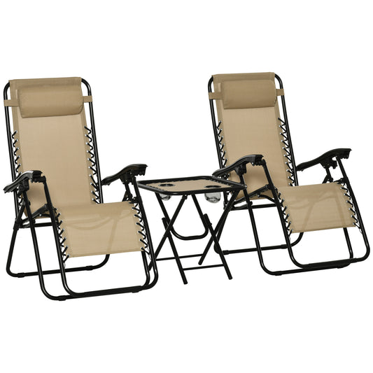 Outsunny 3 Piece Folding Zero Gravity Chairs Sun Lounger Table Set w/ Cup Holders Reclining Garden Yard Pool, Beige