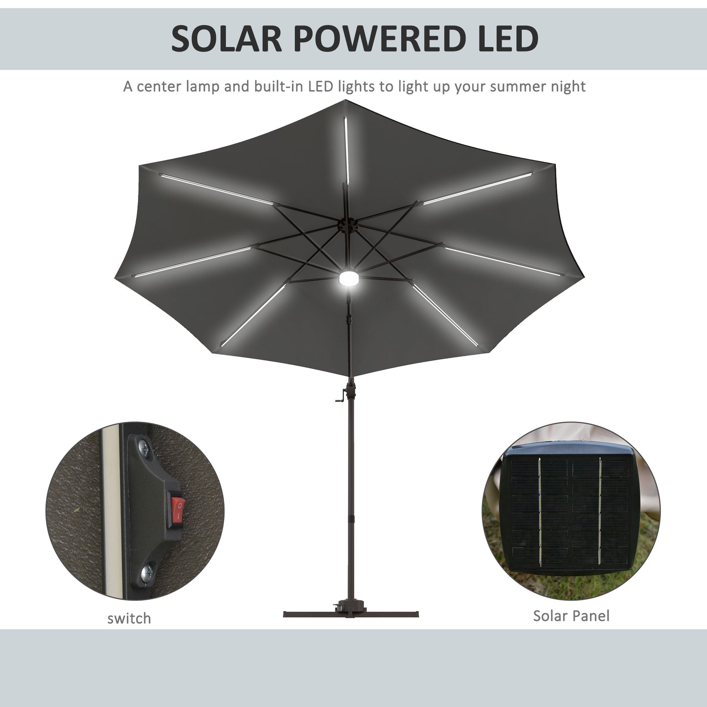 Outsunny 3(m) LED Cantilever Parasol Outdoor Sun Umbrella w/ Base Solar Lights Dark Grey