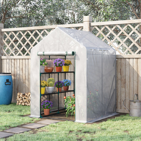 Outsunny Walk-In Greenhouse Portable Gardening Plant Grow House with 2 Tier Shelf, Roll-Up Zippered Door and PE Cover, 143 x 143 x 195 cm