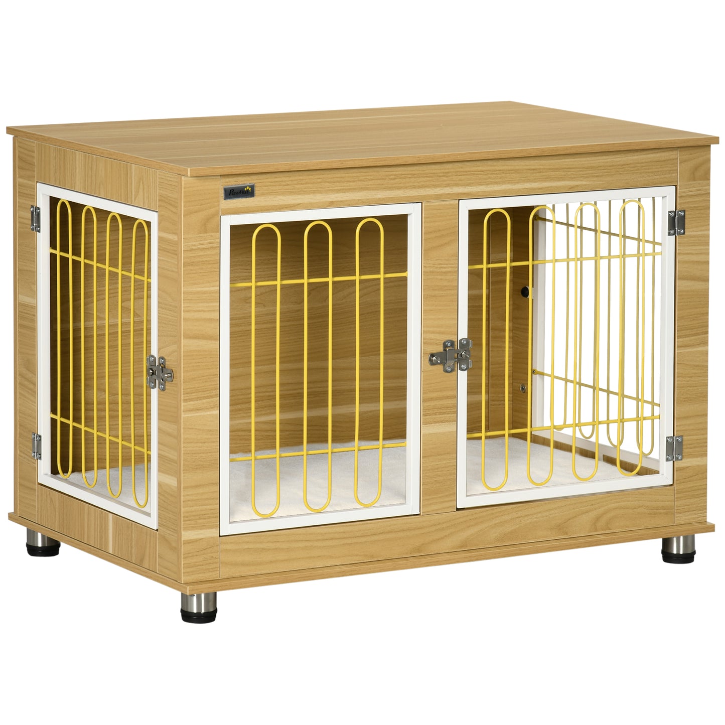 Dog Crate Furniture Side Table | Soft Cushion | Double Doors | Steel Wire Ventilation | Medium & Large Dogs up to 25kg | 90 x 58 x 65cm | Oak Tone & Beige