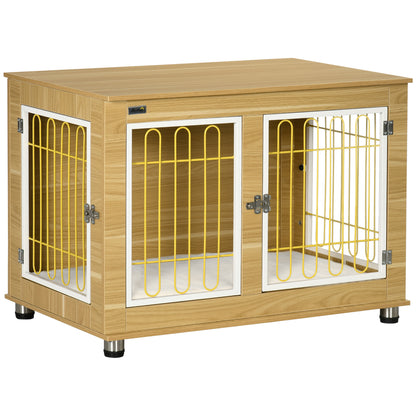 Dog Crate Furniture Side Table | Soft Cushion | Double Doors | Steel Wire Ventilation | Medium & Large Dogs up to 25kg | 90 x 58 x 65cm | Oak Tone & Beige
