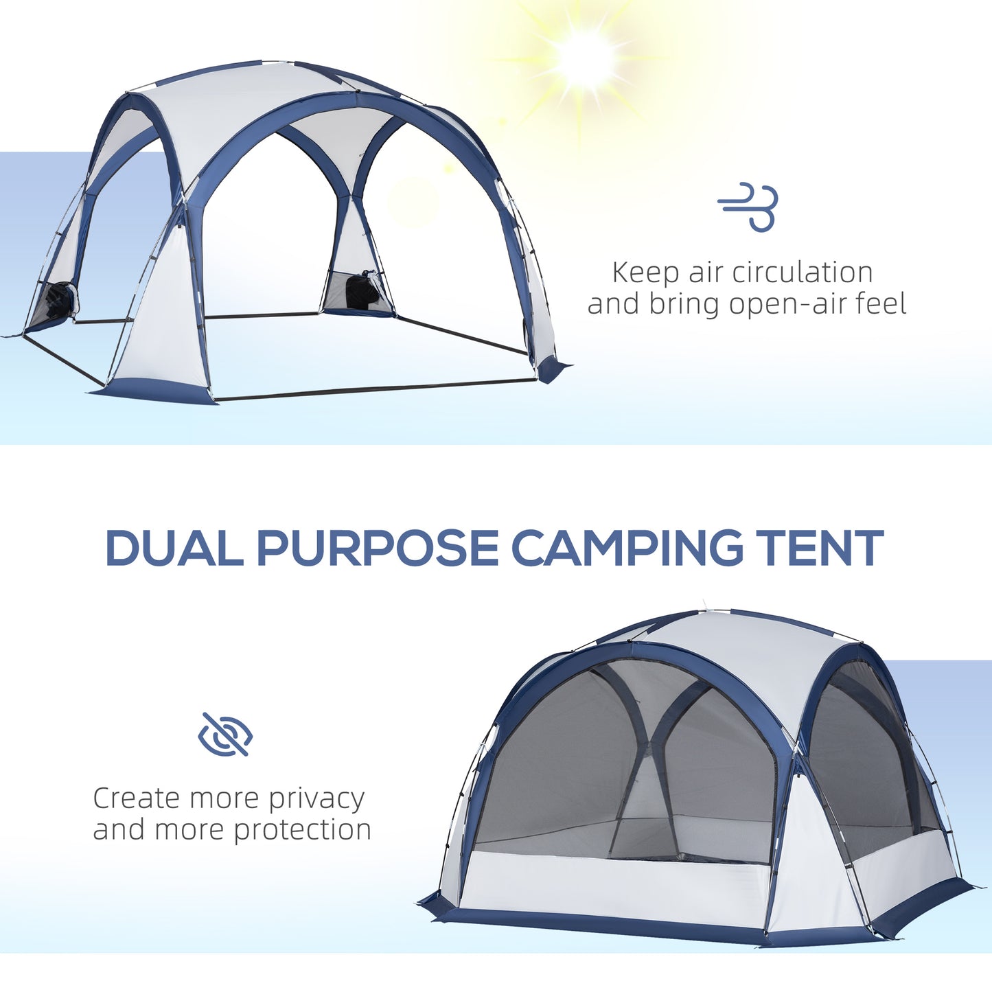 Outsunny Dome Tent for 6-8 Person, Camping Tent with 4 Zipped Mesh Doors, Removable Polyester Cloth, Lamp Hook, Portable Carry Bag, White and Blue