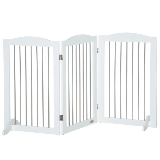 PawHut Foldable Dog Gate, Wooden Freestanding Pet Gate with 2 Support Feet, Dog Barrier for Doorways, Stairs, Halls - White