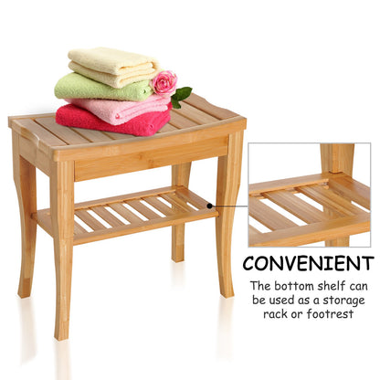 Natural Wooden Bamboo Bathroom Shower Bench w/ Lower Shelf