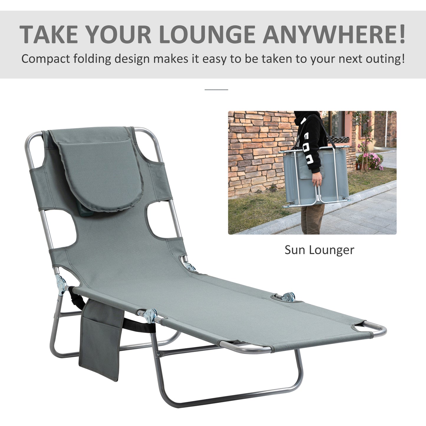 Outsunny Beach Chaise Lounge with Face Cavity & Arm Slots, Portable Sun Lounger, Reclining Lounge Chair 5-position Adjustable Backrest Grey