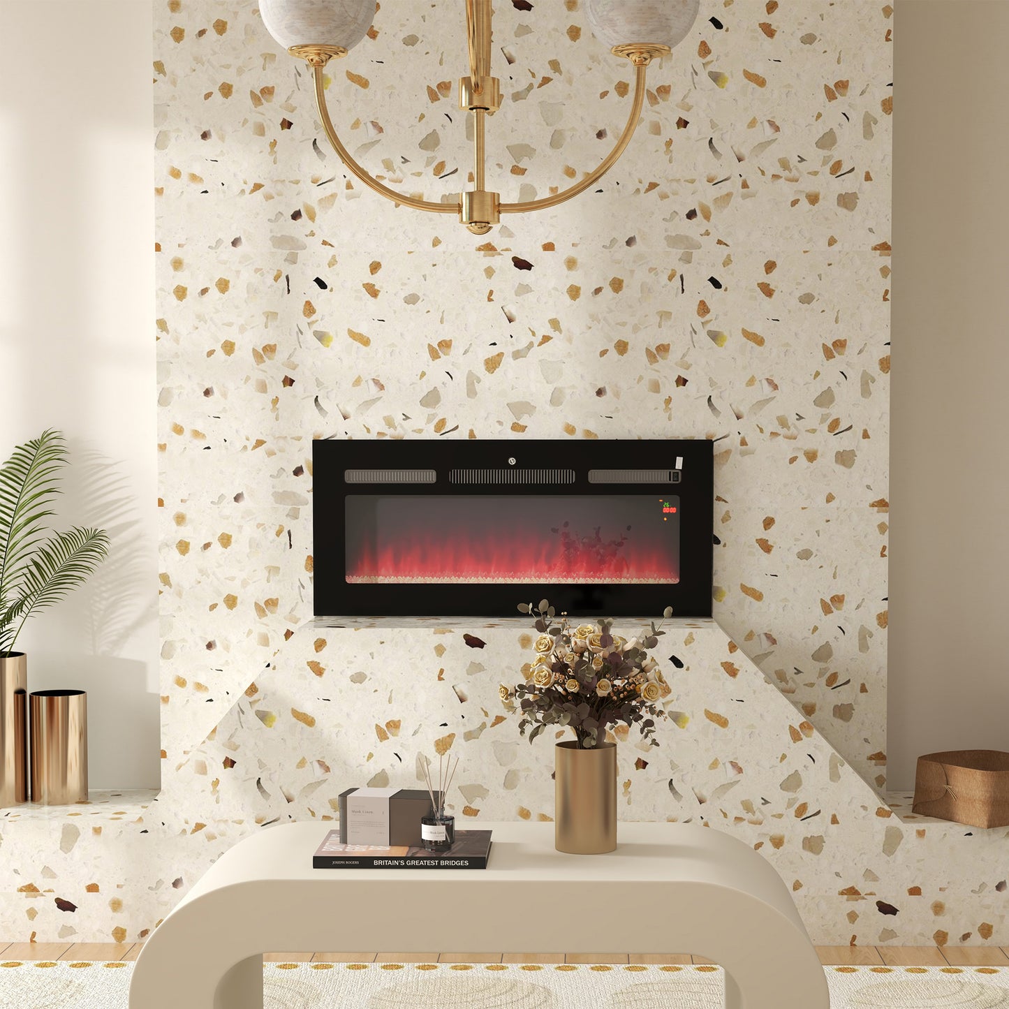 Electric Fireplace, 102CM 2000W Recessed and Wall Mounted Electric Fire with Remote Control, 9 Flame Colour and Crystal, Black