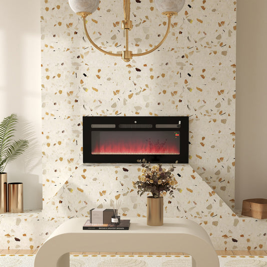 Electric Fireplace, 102CM 2000W Recessed and Wall Mounted Electric Fire with Remote Control, 9 Flame Colour and Crystal, Black