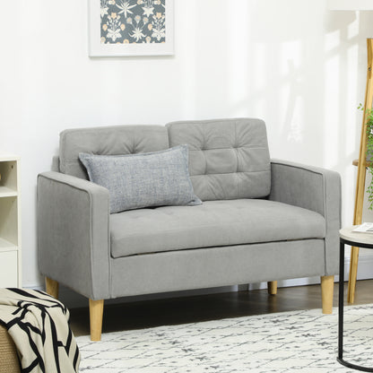 Modern 2 Seater Sofa with Hidden Storage, 117cm Tufted Cotton Couch, Compact Loveseat Sofa with Wood Legs, Light Grey