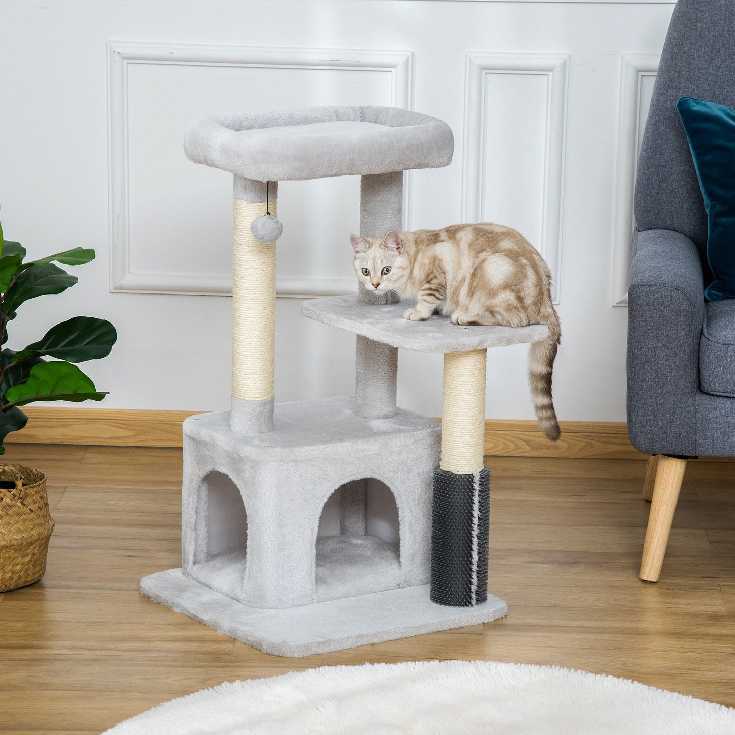 PawHut Cat Tree Tower Climbing Activity Center Kitten Furniture with Sisal Post Scratching Massage Toy 48 x 48 x 80cm Light Grey