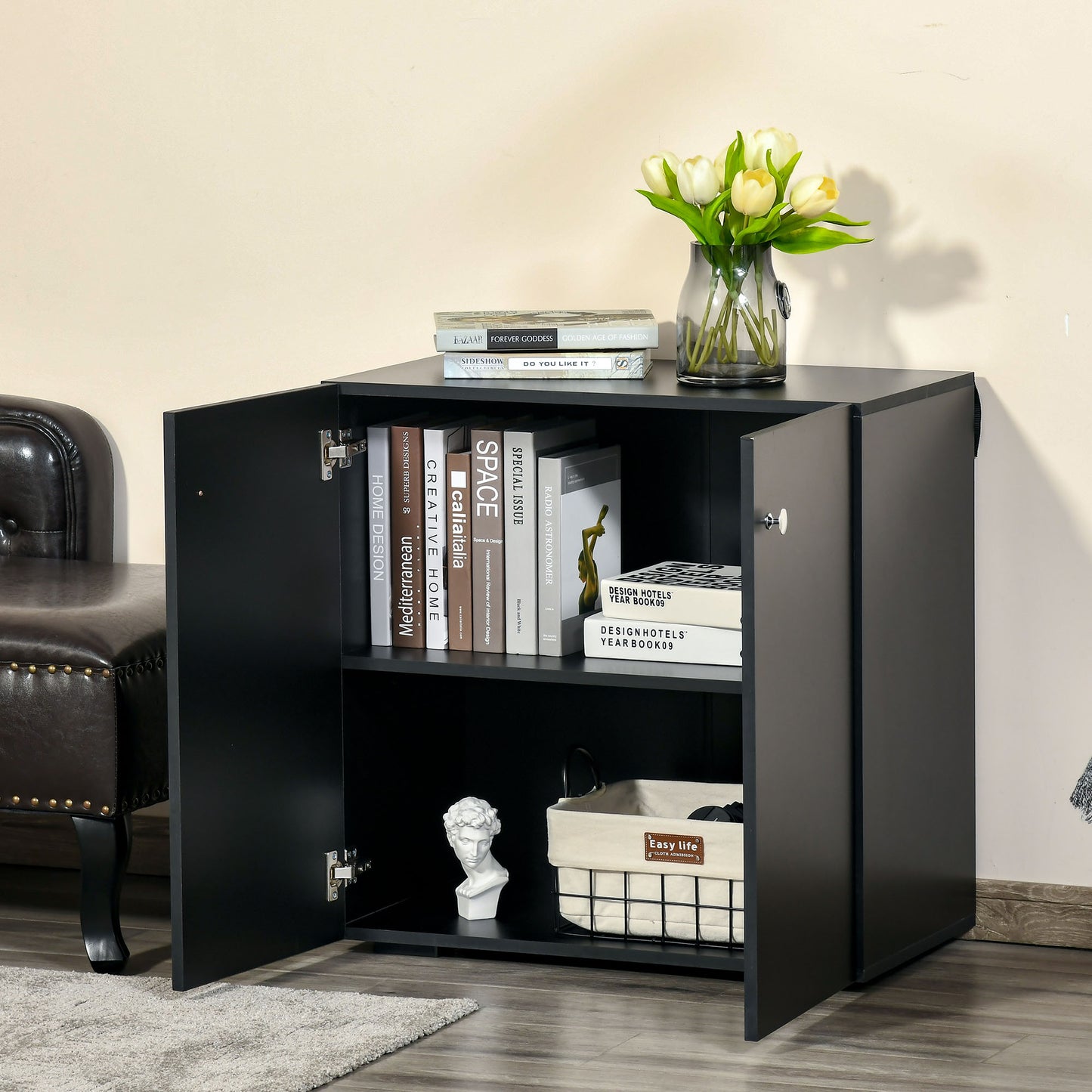 Storage Cabinet With Two Shelves Wooden Sideboard Freestanding Kitchen Cupboard Bookcase - Black