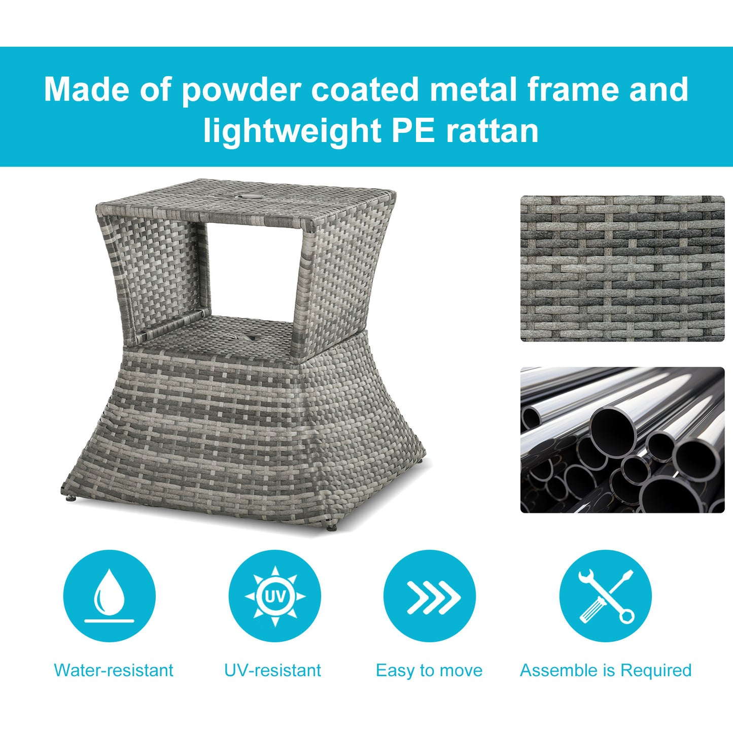 Outsunny Outdoor Patio Rattan Wicker Coffee Table Bistro Side Table w/ Umbrella Hole and Storage Space, Grey