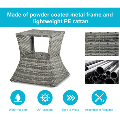 Outsunny Outdoor Patio Rattan Wicker Coffee Table Bistro Side Table w/ Umbrella Hole and Storage Space, Grey