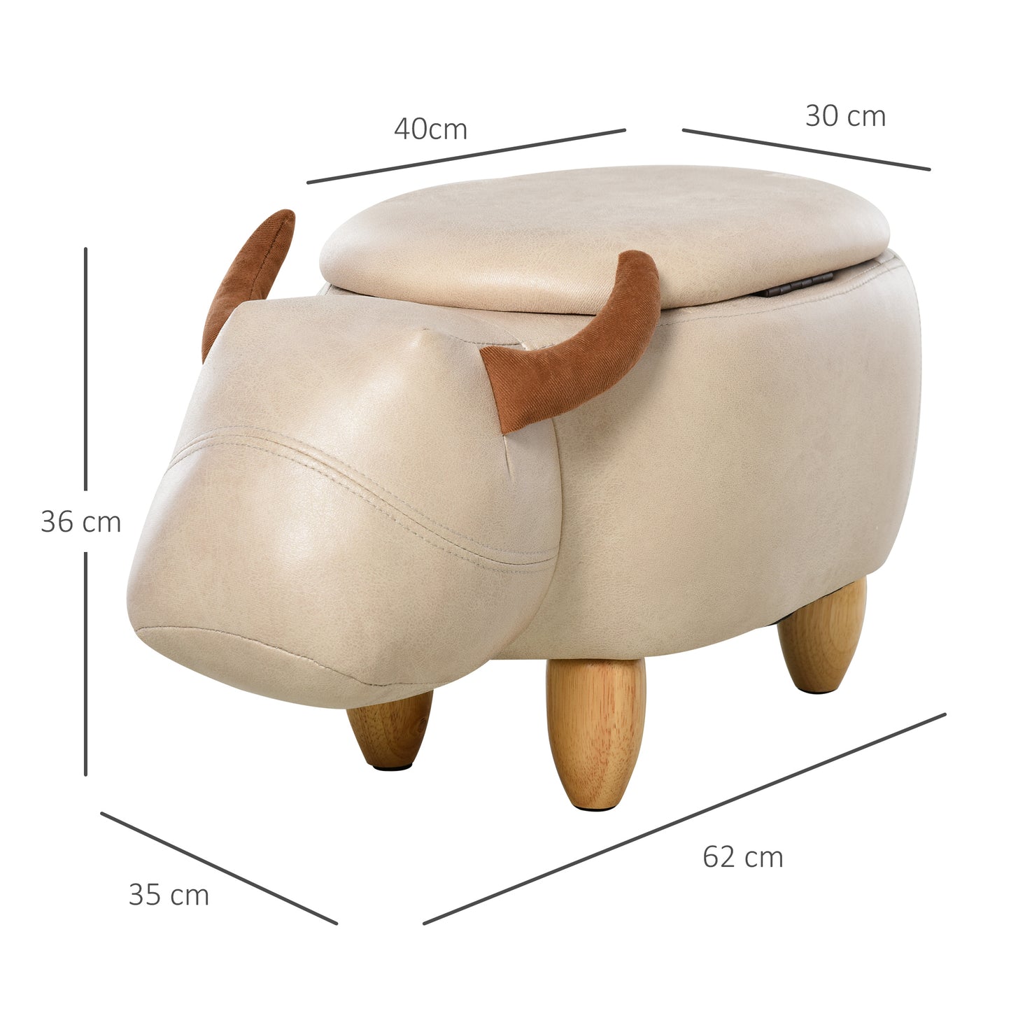 Animal footstool Buffalo Storage Stool Cute Kids Decoration Wood Frame Legs w/Padding Lid Ottoman Furniture Ivory