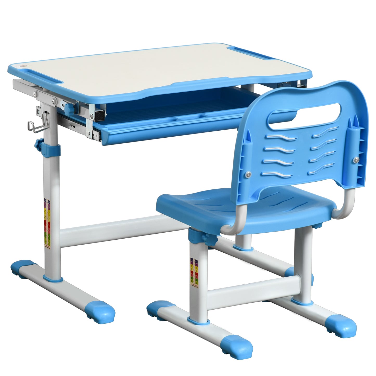 Kids Desk and Chair Set Height Adjustable Student Writing Desk Children School Study Table with Tiltable Desktop, Drawer, Pen Slot, Hook Blue