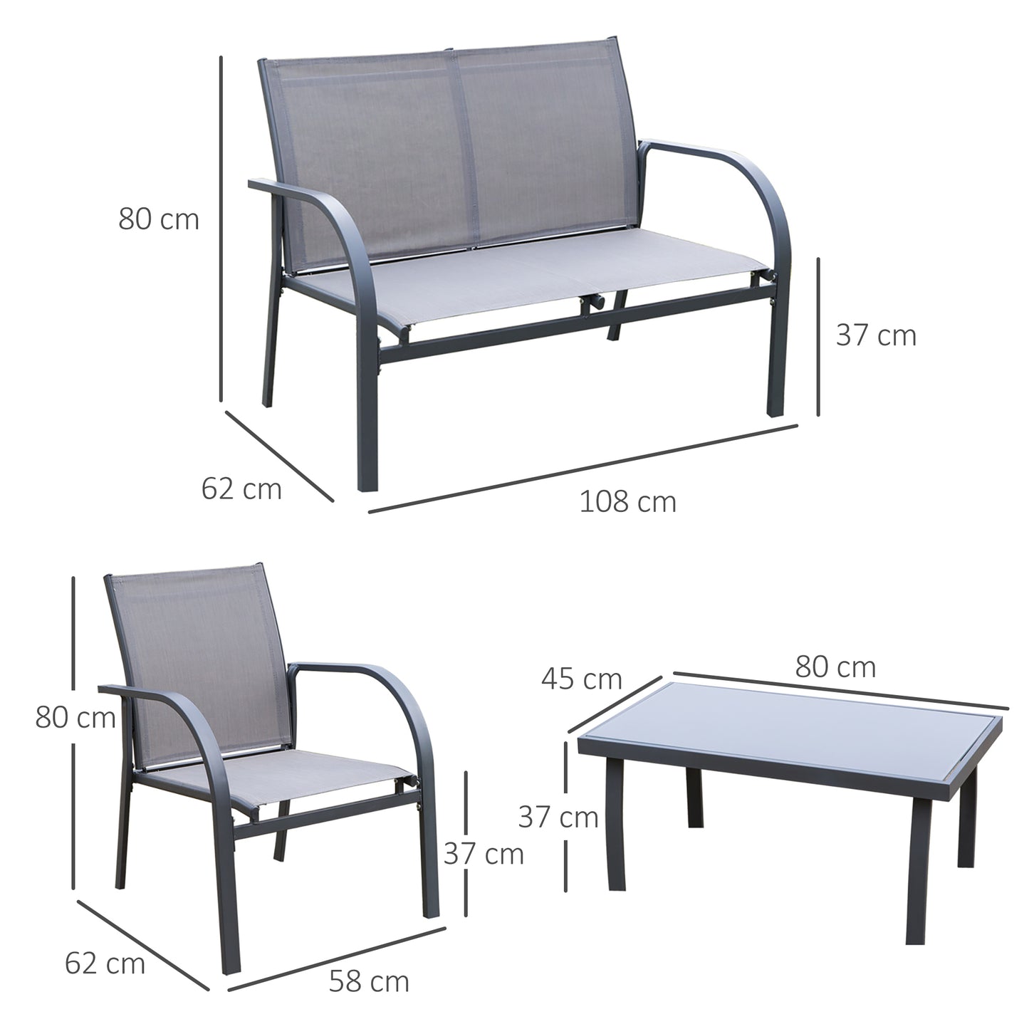 Outsunny 4 Piece Curved Steel Patio Furniture Set w/ Loveseat, Texteline Seats, Glass Top Table For Party Event, Grey