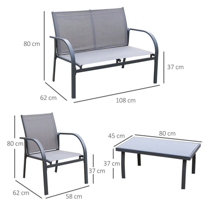 Outsunny 4 Piece Curved Steel Patio Furniture Set w/ Loveseat, Texteline Seats, Glass Top Table For Party Event, Grey