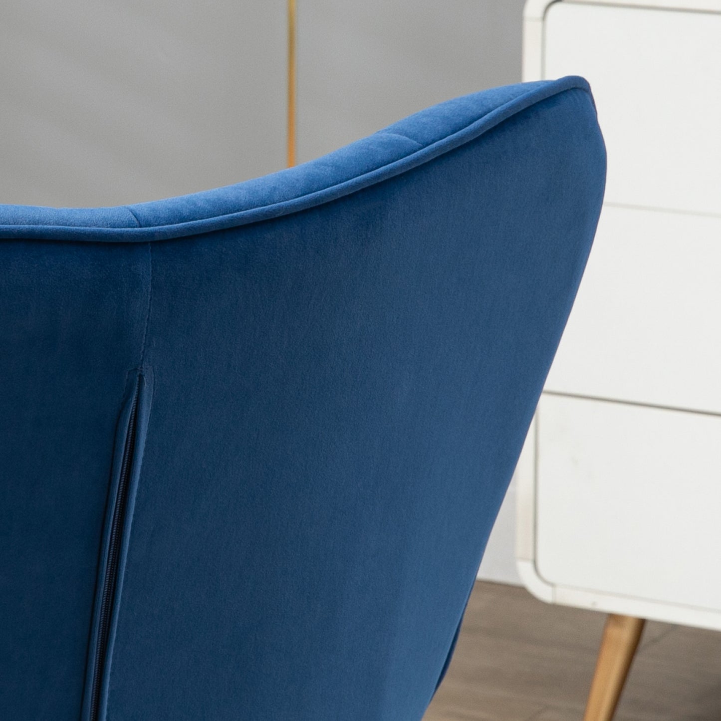 Retro Vintage Style Upholstered Armchair w/ Footstool Set, Button Tufted Accent Chair w/ Gold Tone Steel Legs, Wingback Chair, Dark Blue