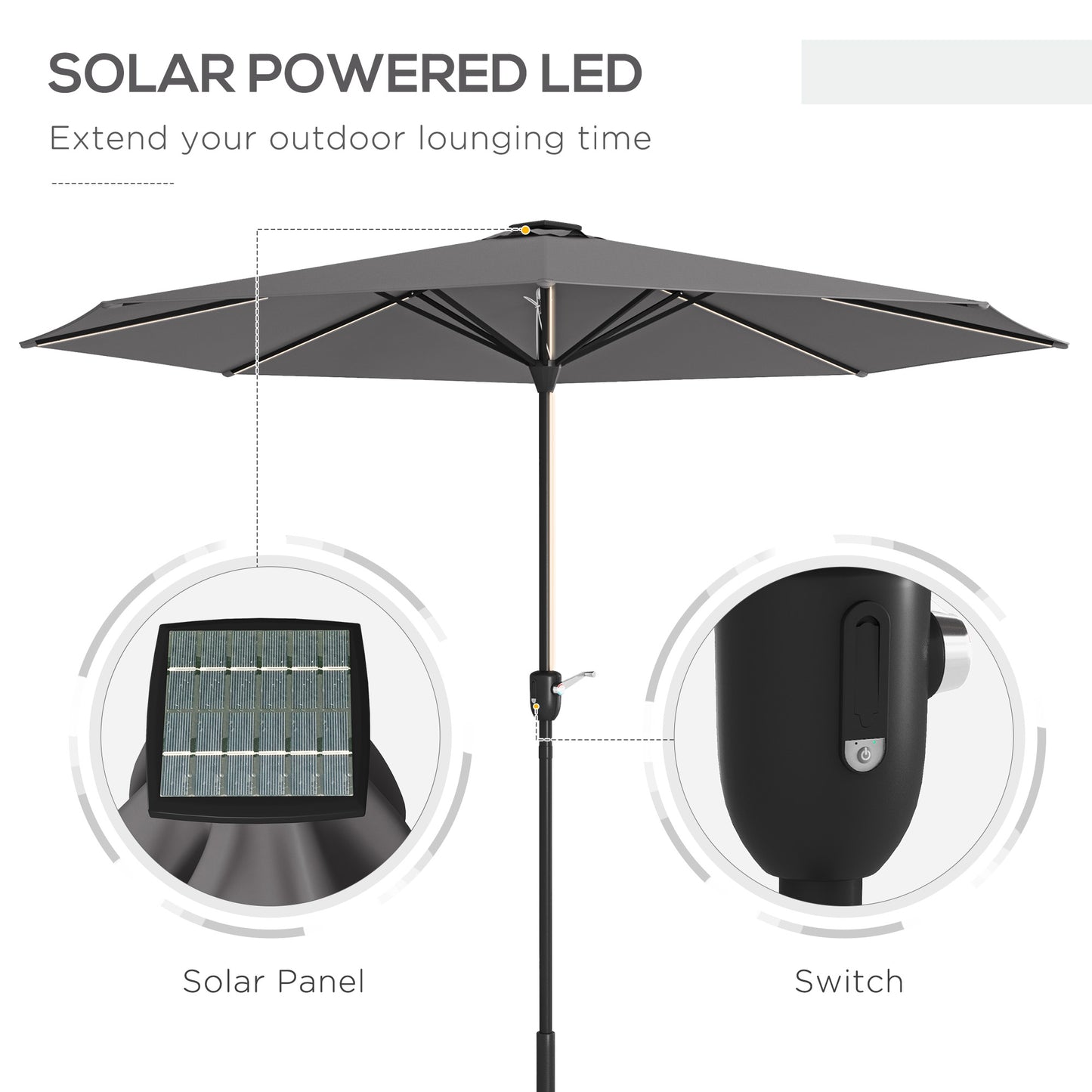 Outsunny Garden Parasol with LED Lights, Solar Charged Patio Umbrella with Crank Handle, for Outdoor, Charcoal Grey