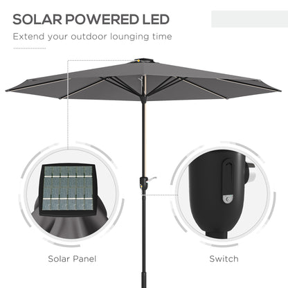Outsunny Garden Parasol with LED Lights, Solar Charged Patio Umbrella with Crank Handle, for Outdoor, Charcoal Grey