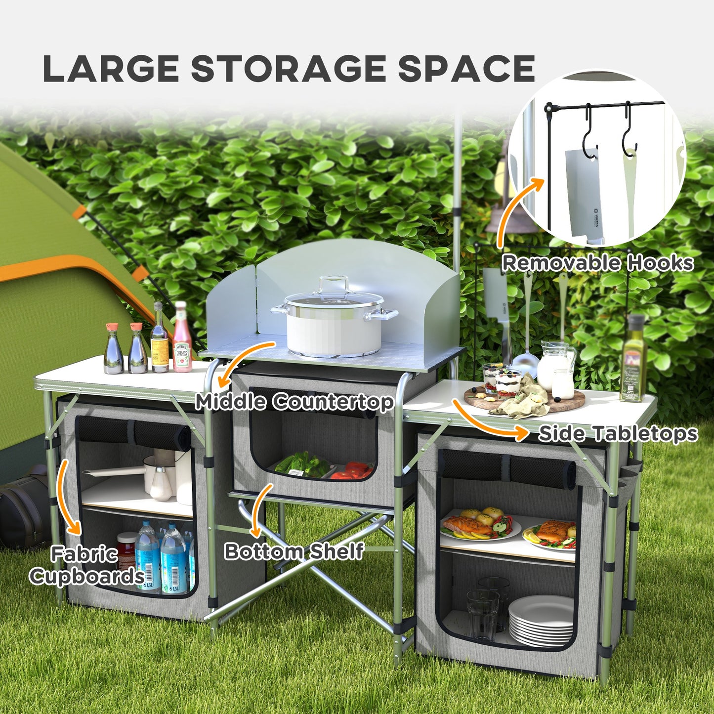 Folding Camping Kitchen, Portable Aluminium Camping Table with 3 Fabric Cupboards, Windshield, Light Stand, Carrying Bag for BBQ, RV, Picnic - Grey