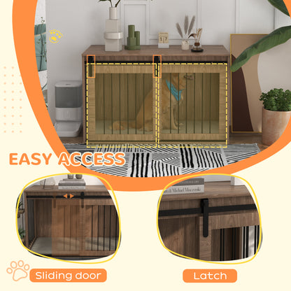 XL Dog Crate Furniture Side Table | Barn Door | Removable Washable Cushion | 3-Sided Ventilation | Extra Large Dogs up to 40kg | 118 x 60 x 73cm | Brown