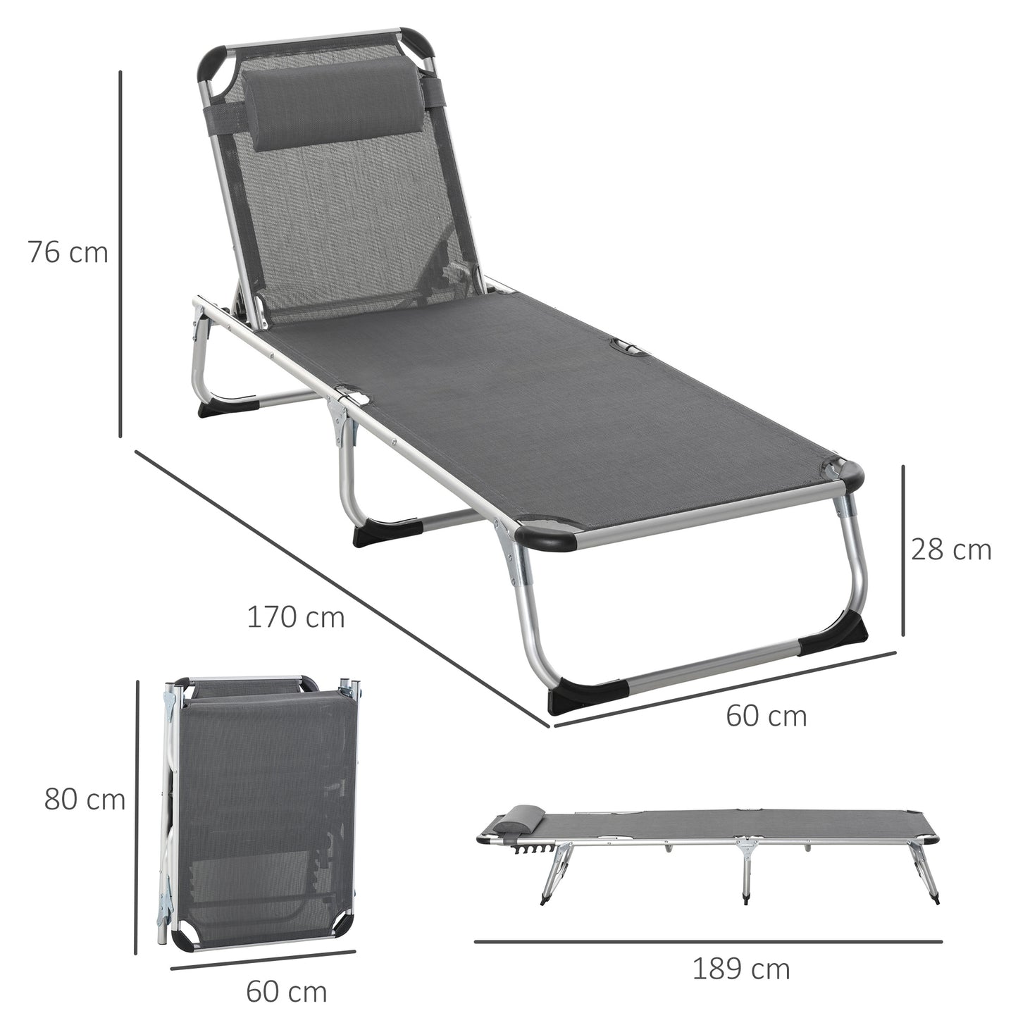 Outsunny Foldable Garden Lounger Camping Bed Cot w/ Pillow 5-Level Adjustable Back Aluminium Frame, 76H x 170L x 60W Grey