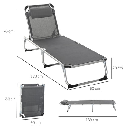 Outsunny Foldable Garden Lounger Camping Bed Cot w/ Pillow 5-Level Adjustable Back Aluminium Frame, 76H x 170L x 60W Grey