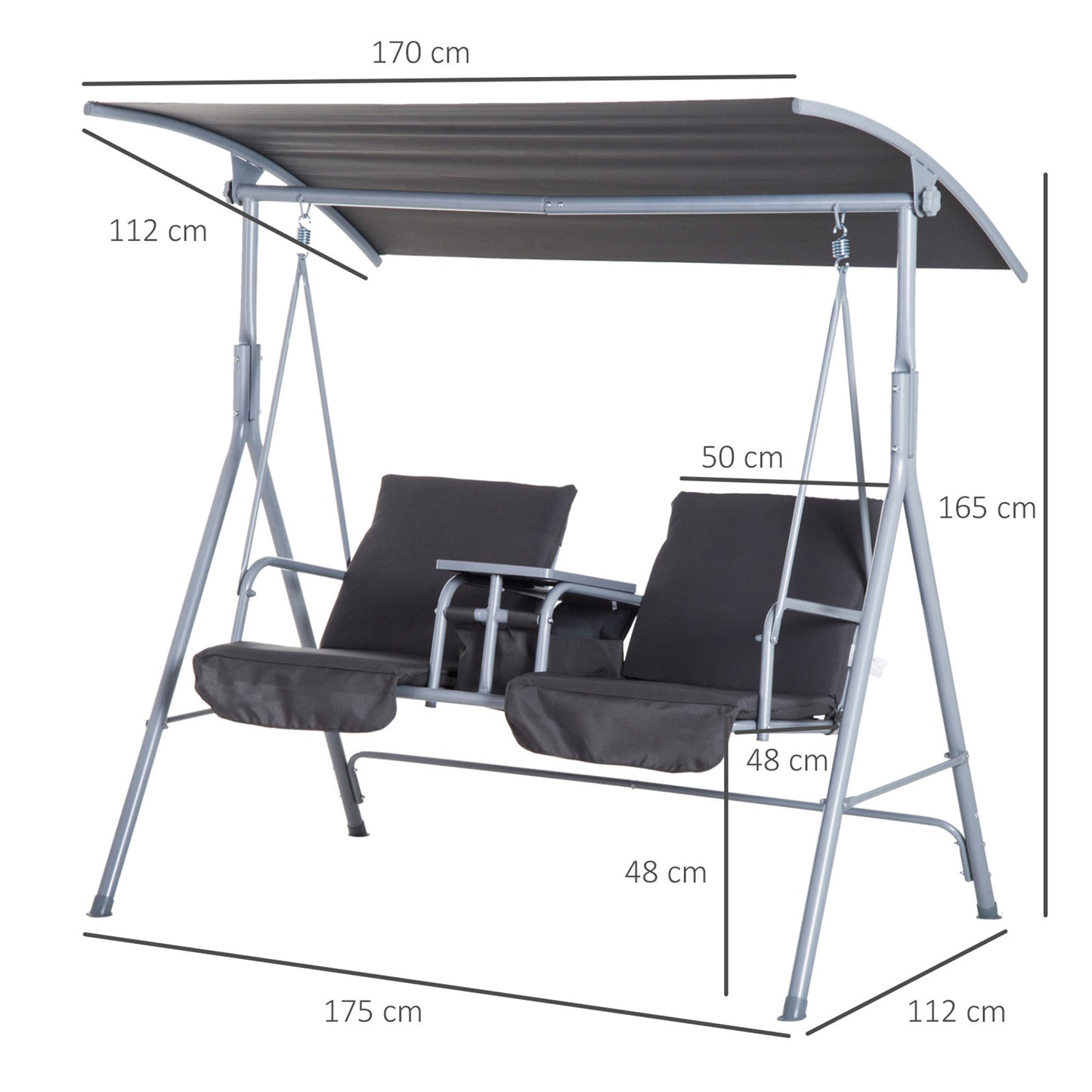 Outsunny Steel Frame 2-Seater  Swing Chair With Table Grey