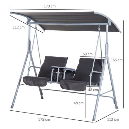 Outsunny Steel Frame 2-Seater  Swing Chair With Table Grey