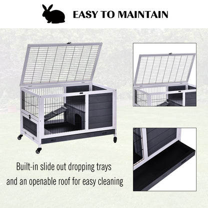 PawHut Rabbit Home Indoor Fir Wood Lift-Top Hutch Grey