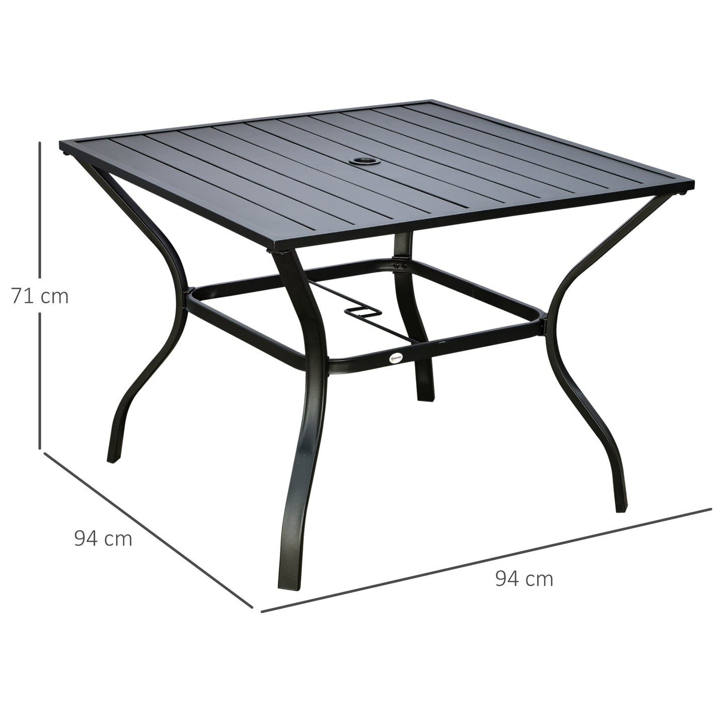 Outsunny Garden Table with Parasol Hole, Outdoor Dining Garden Table for Four, Square Patio Table with Slatted Metal Plate Top, Black