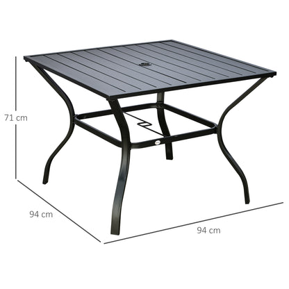 Outsunny Garden Table with Parasol Hole, Outdoor Dining Garden Table for Four, Square Patio Table with Slatted Metal Plate Top, Black