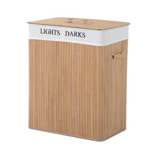 Collapsible Natural Wood Laundry Hamper Organizer Clothes Washing Basket Bin Storage Box w/Lid Removable Lining 52x32x63cm, Wood Colour 100L