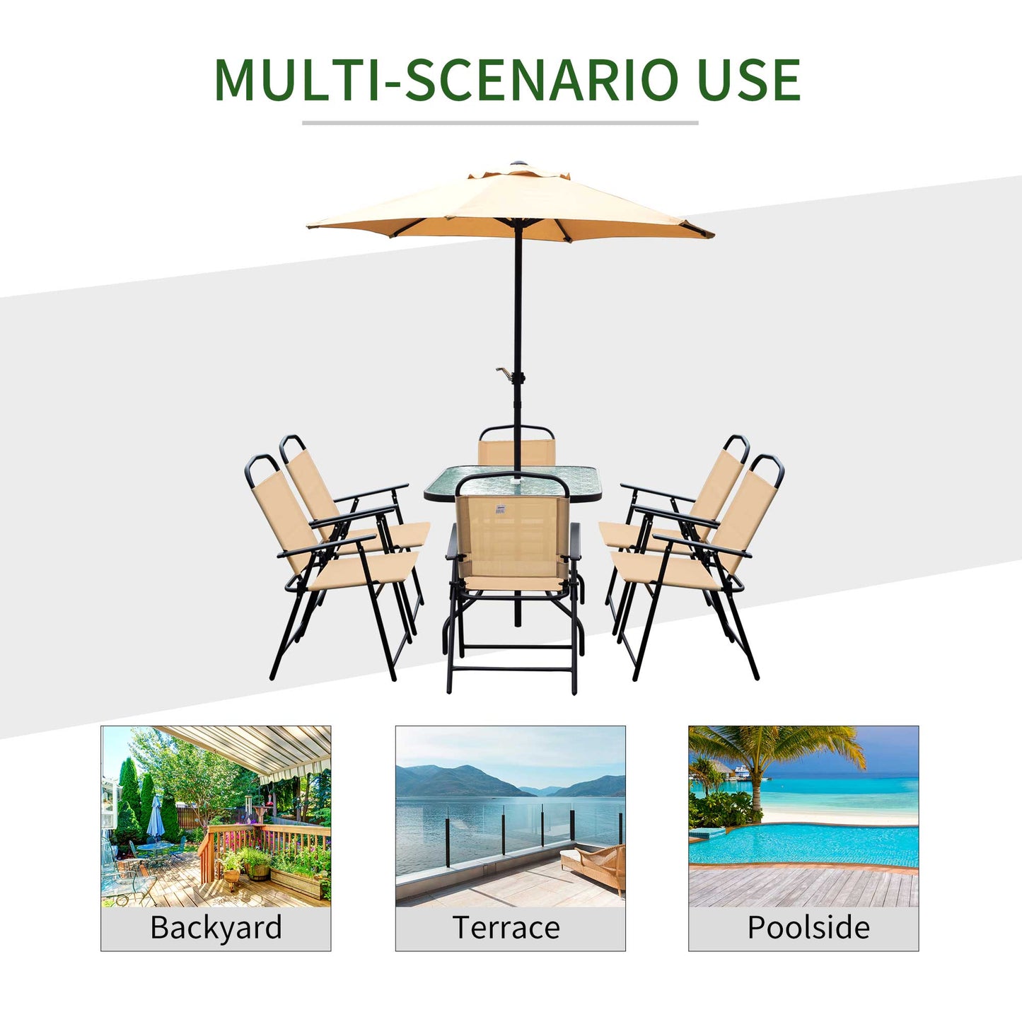 Outsunny 8 Piece Dining Set W/Umbrella, Textilene-Beige