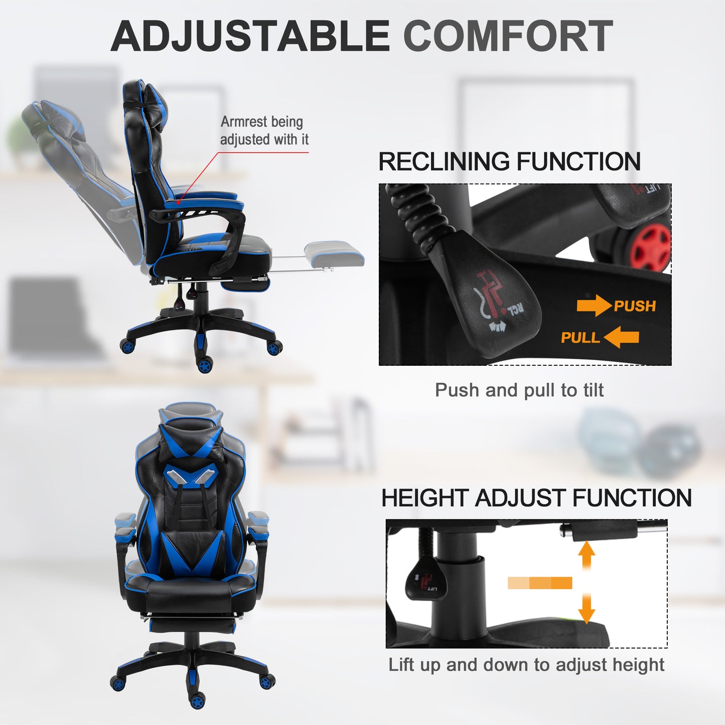 Vinsetto Ergonomic Racing Gaming Chair Office Desk Chair Adjustable Height Recliner with Wheels, Headrest, Lumbar Support, Retractable Footrest