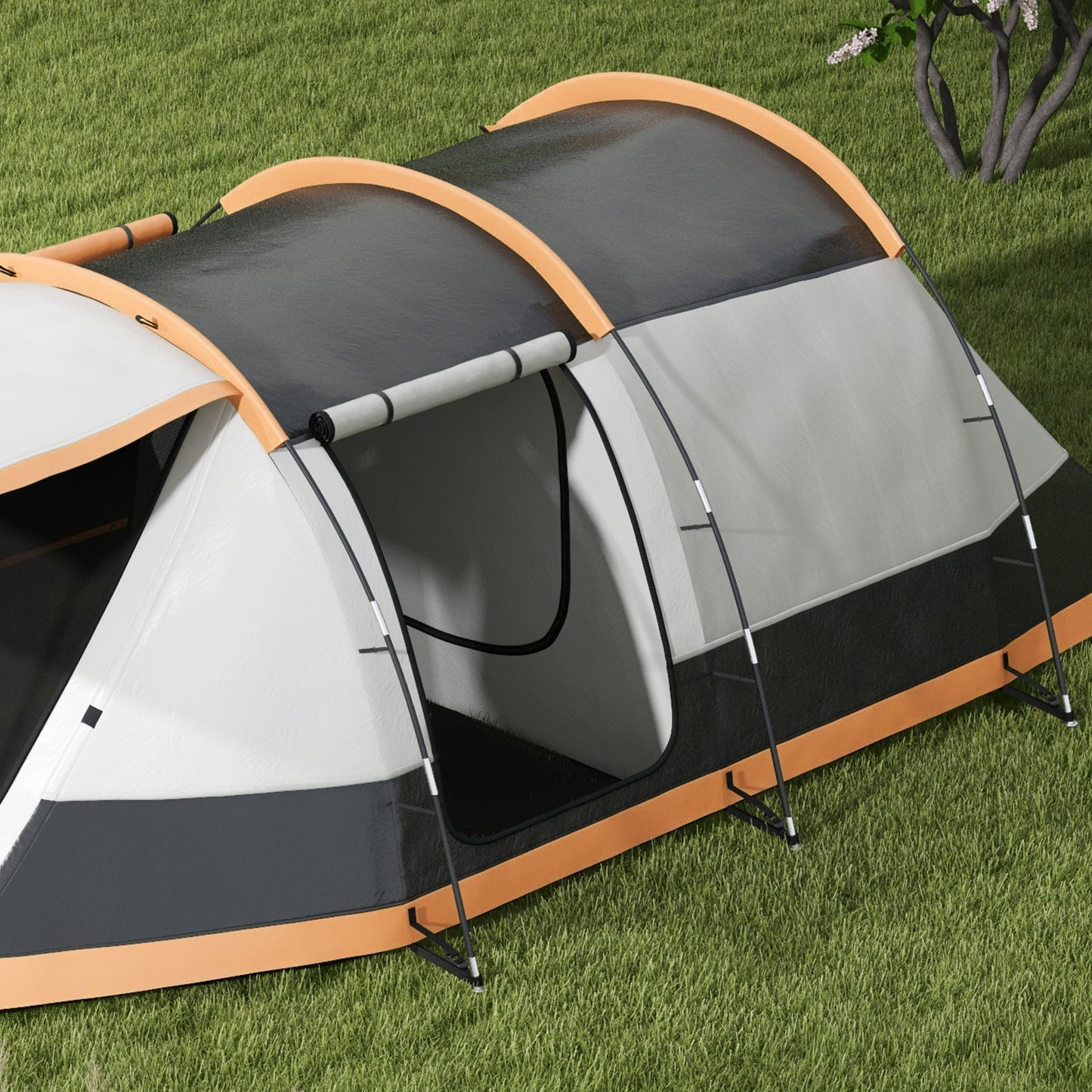 Outsunny 3-4 Man Camping Tent, Family Tunnel Tent, 2000mm Waterproof, Portable with Bag, Orange