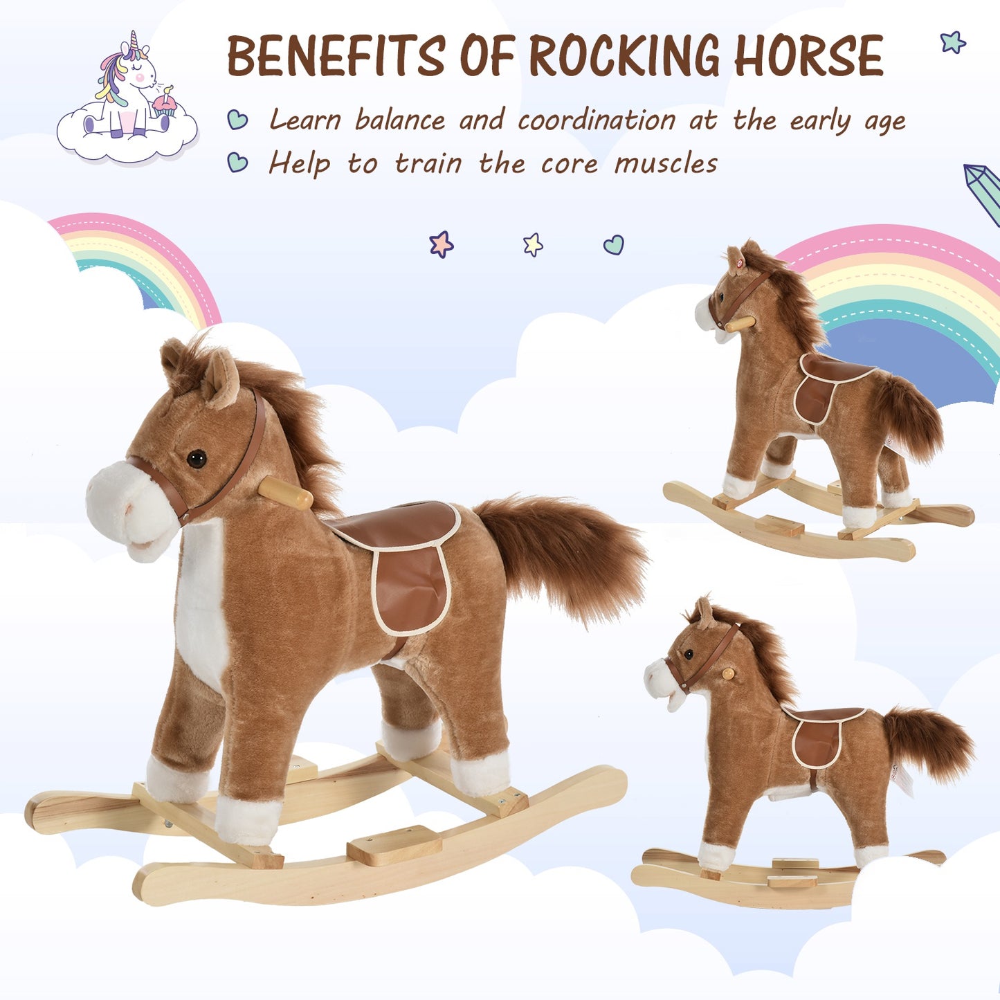 Kids Ride On Plush Rocking Horse w/ Sound Brown