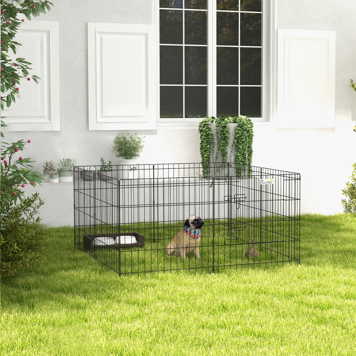 Pet Playpen | 8 Heavy-Duty Steel Panels | Double-Bolt Door | Configurable Shapes | Ground Pegs Included | Indoor & Outdoor | Small Dogs, Rabbits & Small Pets | 61 x 61cm Panels | Black