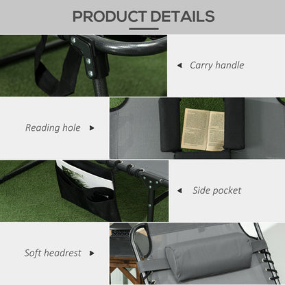 Folding Sun Lounge With 5-level Reclining Back Outdoor Tanning Chair With Reading Hole, Lounger With Side Pocket, Headrest - Grey