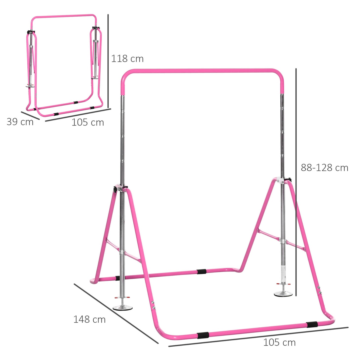 Gymnastics Bar for Kids, Folding Horizontal Bars with Adjustable Height, Training Bar with Triangle Base, Pink